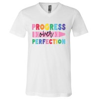 Progress Over Perfection Funny Motivational Teacher School V-Neck T-Shirt