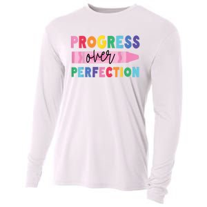 Progress Over Perfection Funny Motivational Teacher School Cooling Performance Long Sleeve Crew