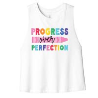 Progress Over Perfection Funny Motivational Teacher School Women's Racerback Cropped Tank