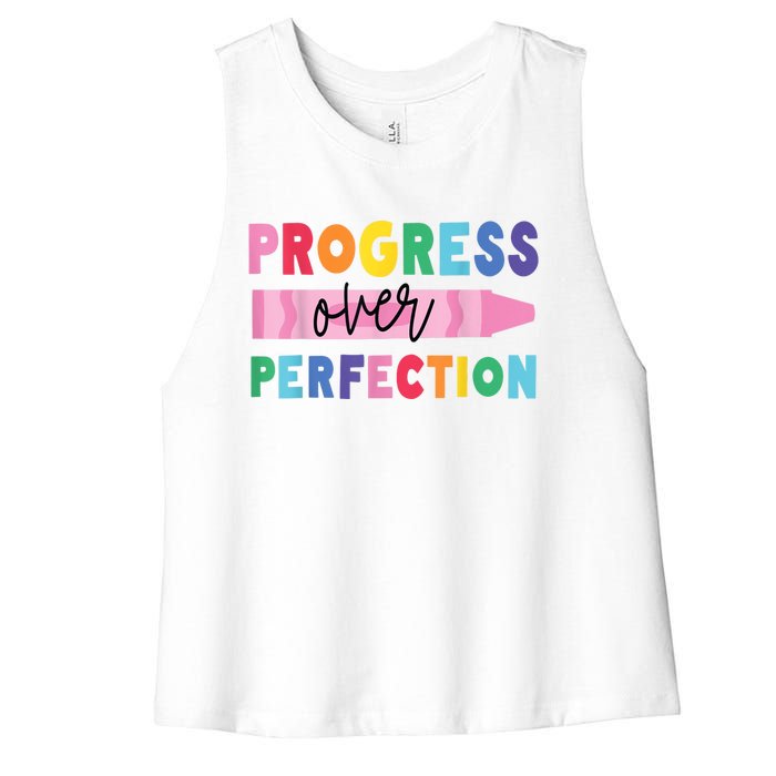 Progress Over Perfection Funny Motivational Teacher School Women's Racerback Cropped Tank