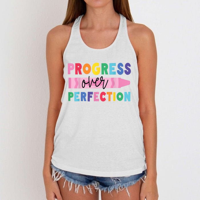 Progress Over Perfection Funny Motivational Teacher School Women's Knotted Racerback Tank