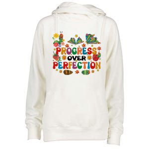 Progress Over Perfection Friends Hungry Caterpillar Teacher Butterfly Womens Funnel Neck Pullover Hood