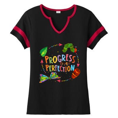 Progress Over Perfection Very Hungry Caterpillar Teacher Ladies Halftime Notch Neck Tee