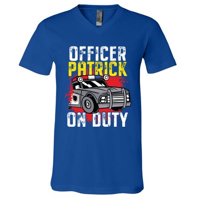 Police Officer Patrick On Duty Cute Gift Personalized Police Car Great Gift V-Neck T-Shirt