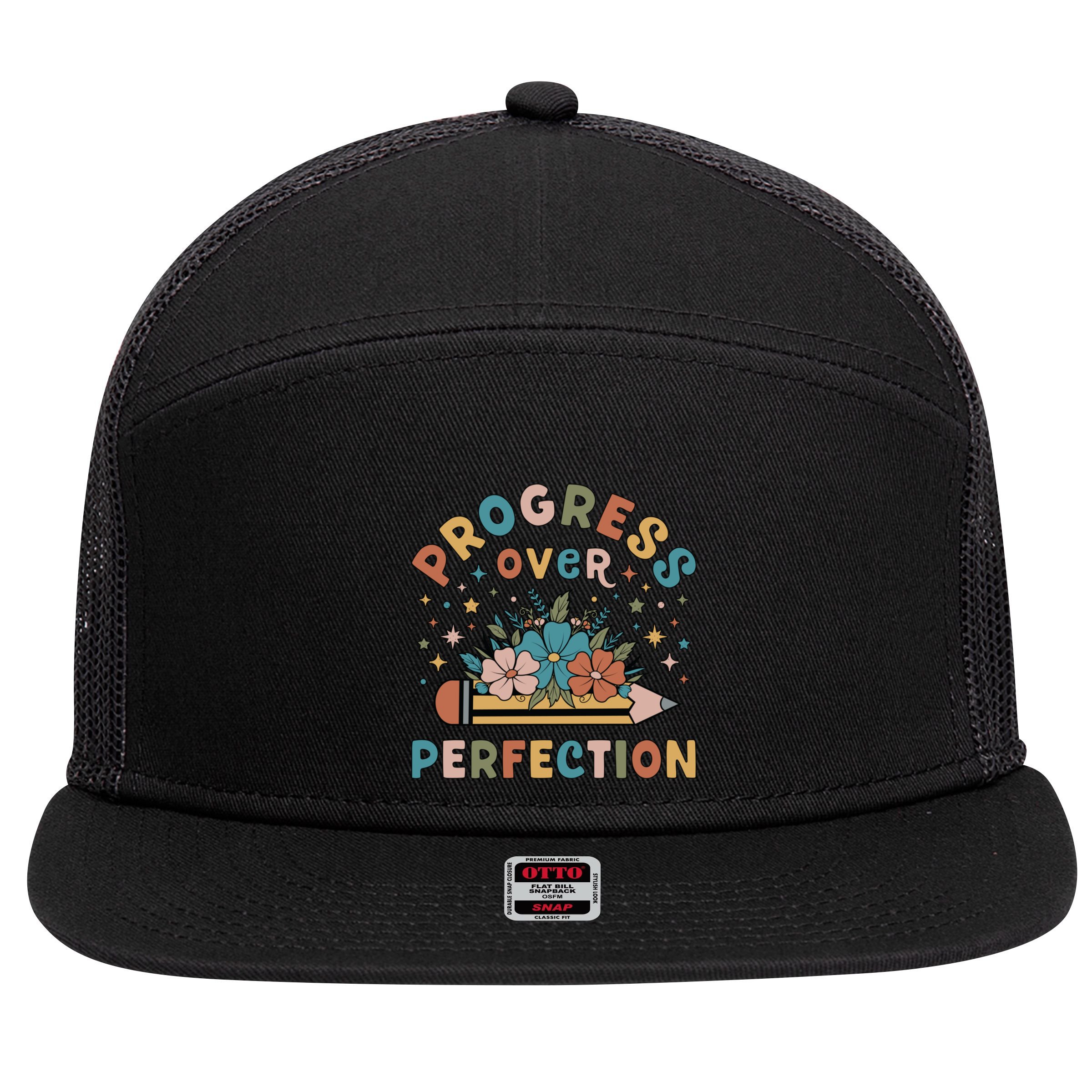 Progress Over Perfection | Teacher Wildflower Back To School 7 Panel Mesh Trucker Snapback Hat