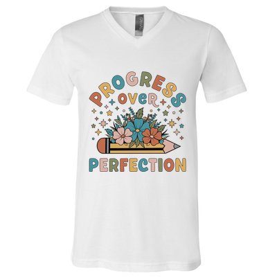 Progress Over Perfection | Teacher Wildflower Back To School V-Neck T-Shirt