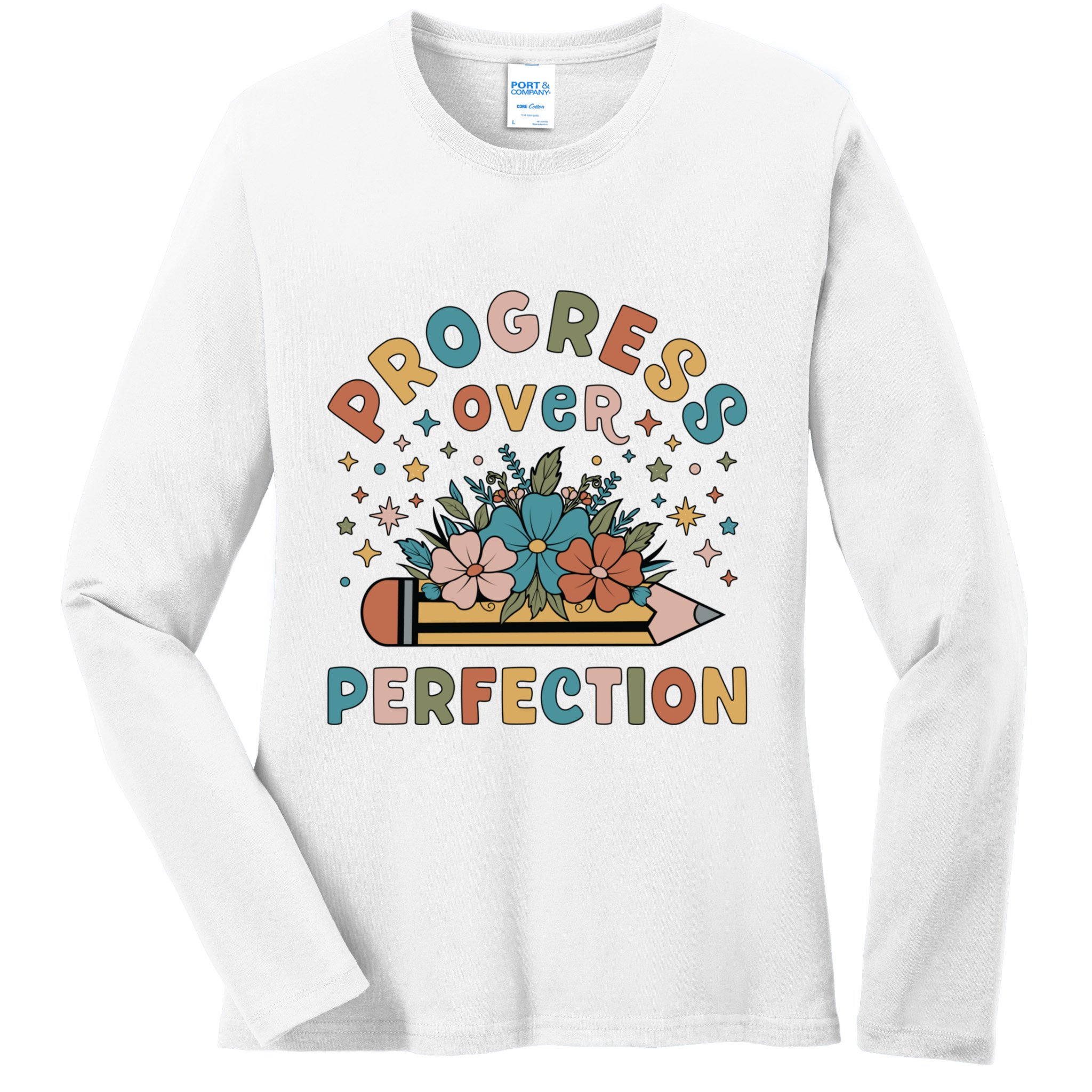 Progress Over Perfection | Teacher Wildflower Back To School Ladies Long Sleeve Shirt