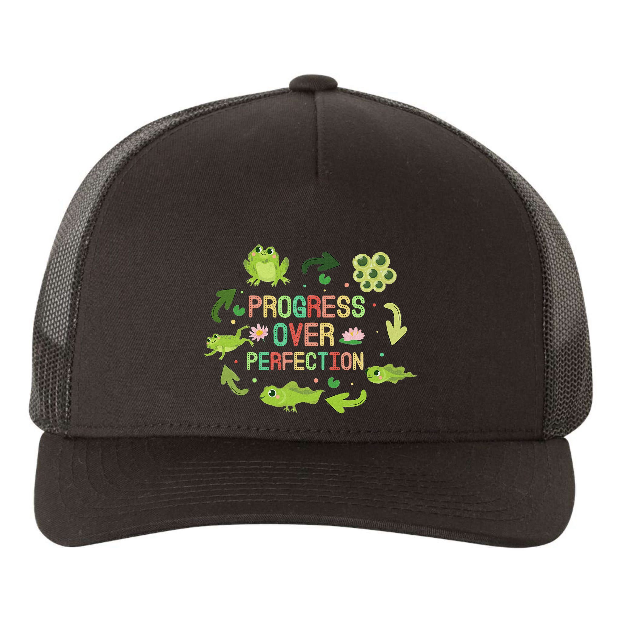 Progress Over Perfection Frog Back To School Teacher Yupoong Adult 5-Panel Trucker Hat