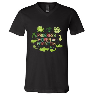 Progress Over Perfection Frog Back To School Teacher V-Neck T-Shirt