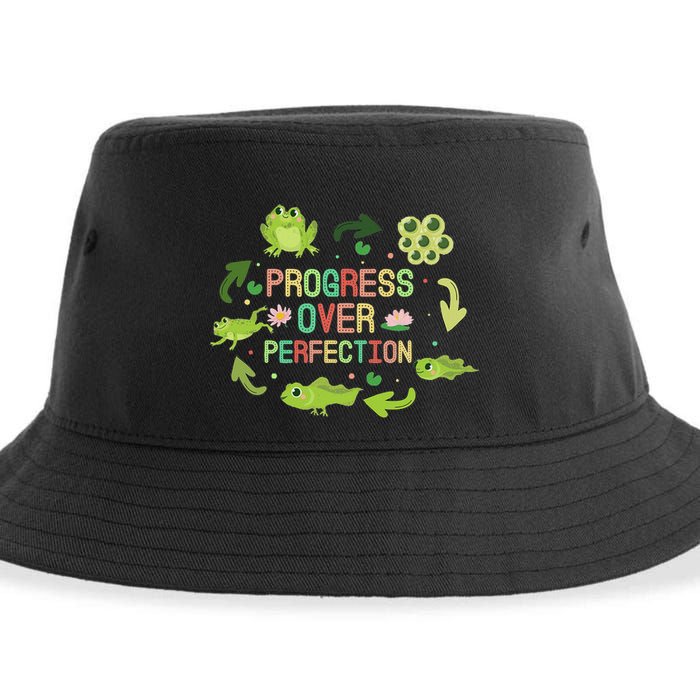 Progress Over Perfection Frog Back To School Teacher Sustainable Bucket Hat