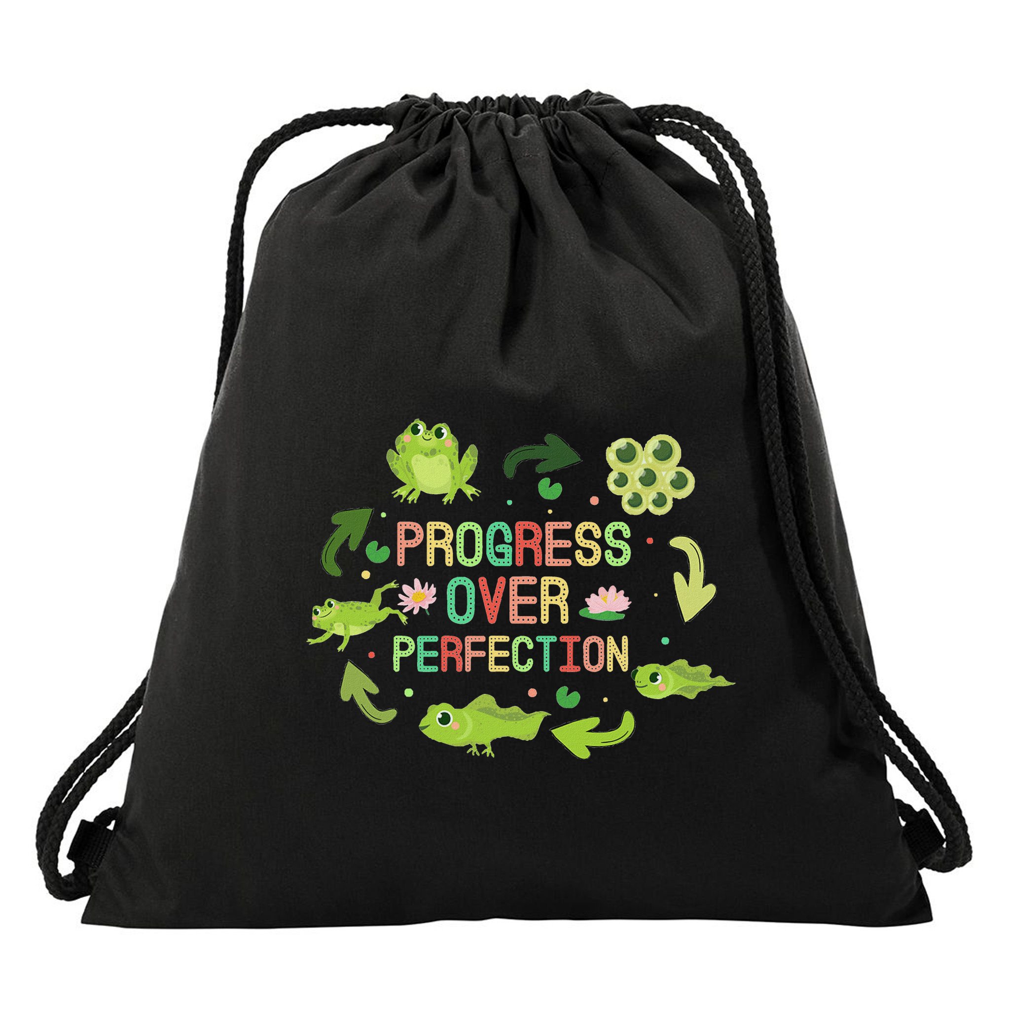 Progress Over Perfection Frog Back To School Teacher Drawstring Bag