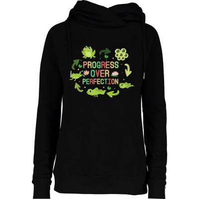 Progress Over Perfection Frog Back To School Teacher Womens Funnel Neck Pullover Hood