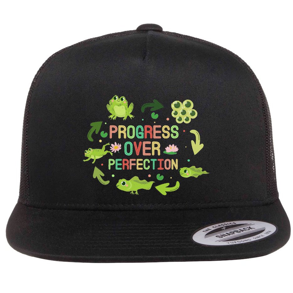 Progress Over Perfection Frog Back To School Teacher Flat Bill Trucker Hat