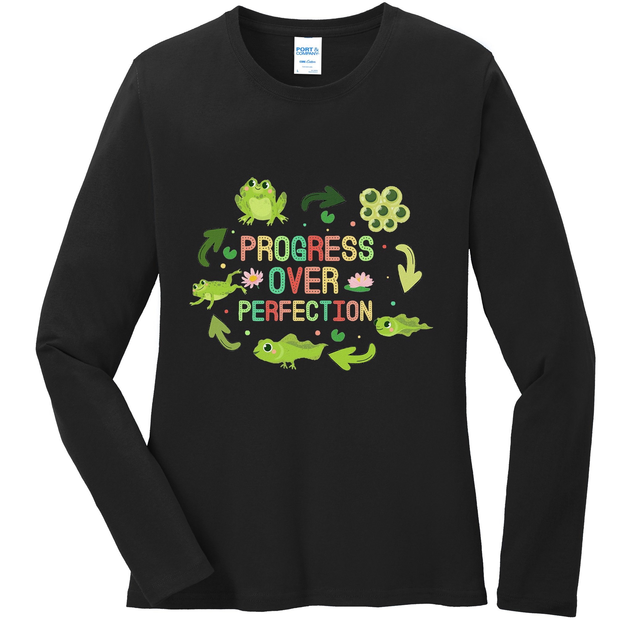 Progress Over Perfection Frog Back To School Teacher Ladies Long Sleeve Shirt