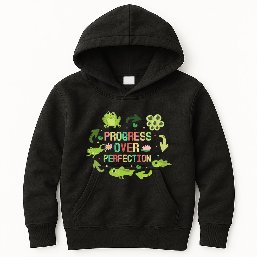 Progress Over Perfection Frog Back To School Teacher Kids Hoodie