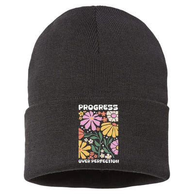 Progress Over Perfection Aba Therapist Behavior Rbt Floral Sustainable Knit Beanie