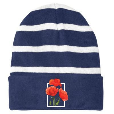 Poppy Flowers Striped Beanie with Solid Band