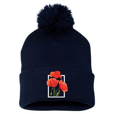 Poppy Flowers Pom Pom 12in Knit Beanie