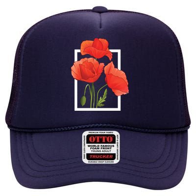 Poppy Flowers High Crown Mesh Back Trucker Hat