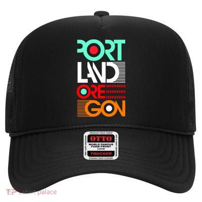 Portland Oregon Retro Typography High Crown Mesh Back Trucker Hat