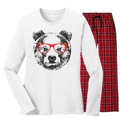 Portrait of Bear with glasses Women's Long Sleeve Flannel Pajama Set 