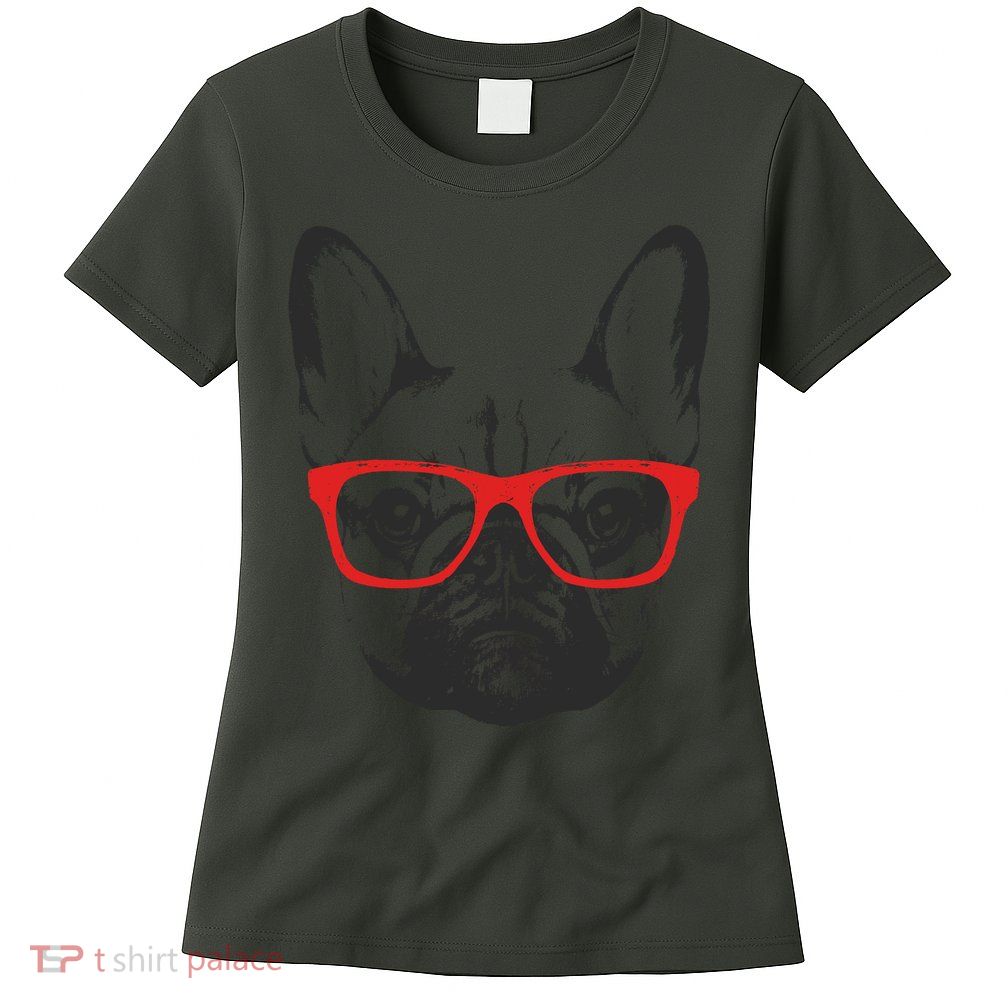 Portrait of French Bulldog with glasses Womens T-Shirt
