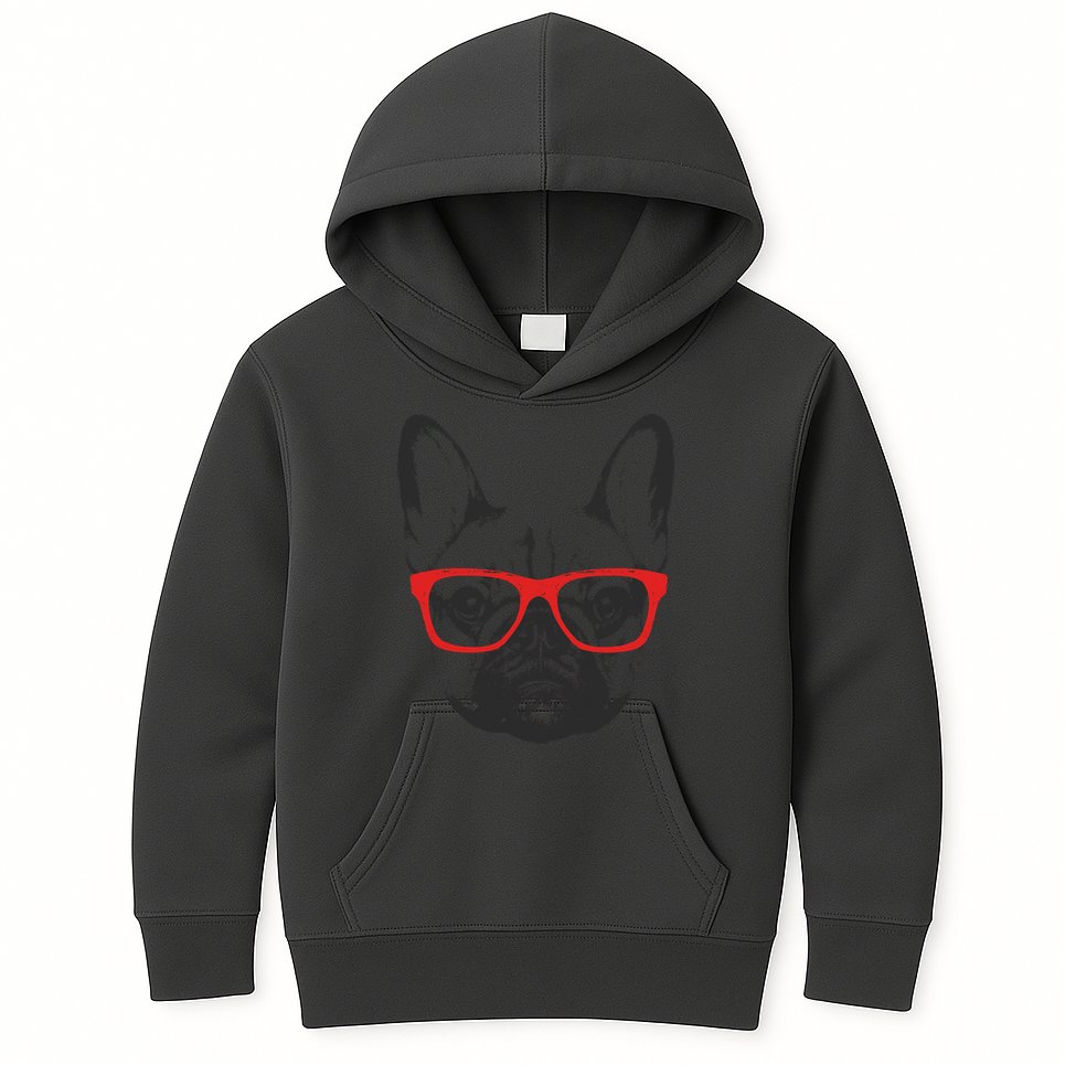 Portrait of French Bulldog with glasses Kids Hoodie