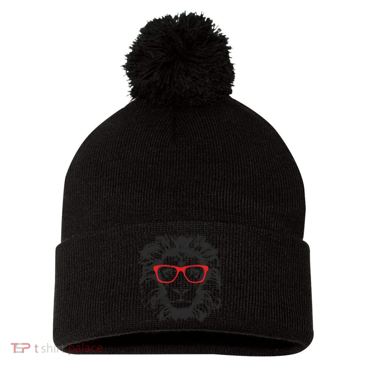 Portrait of Lion with glasses Pom Pom 12in Knit Beanie