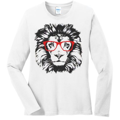 Portrait of Lion with glasses Ladies Long Sleeve Shirt