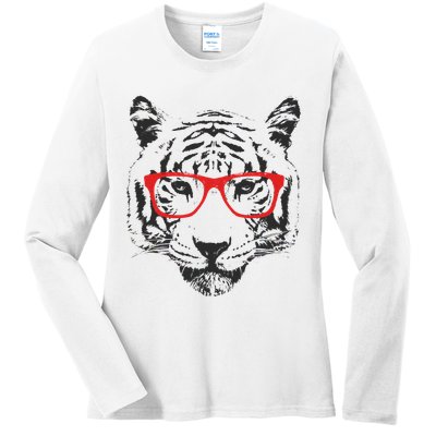 Portrait of Tiger With Glasses Ladies Long Sleeve Shirt