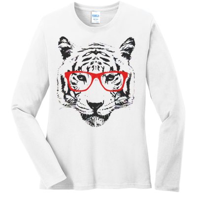 Portrait of Tiger With Glasses Ladies Long Sleeve Shirt