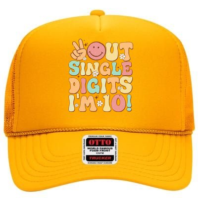 Peace Out Single Digits Retro Groovy 10th Birthday High Crown Mesh Back Trucker Hat