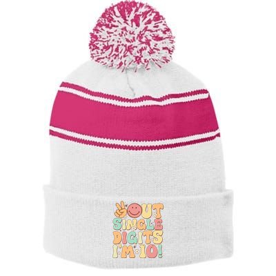 Peace Out Single Digits Retro Groovy 10th Birthday Stripe Pom Pom Beanie