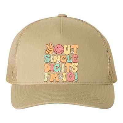 Peace Out Single Digits Retro Groovy 10th Birthday Yupoong Adult 5-Panel Trucker Hat