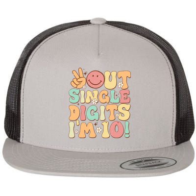 Peace Out Single Digits Retro Groovy 10th Birthday Flat Bill Trucker Hat