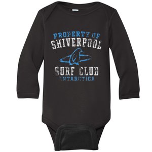 Property Of Shiverpool Surf Club Antarctica Distressed Baby Long Sleeve Bodysuit