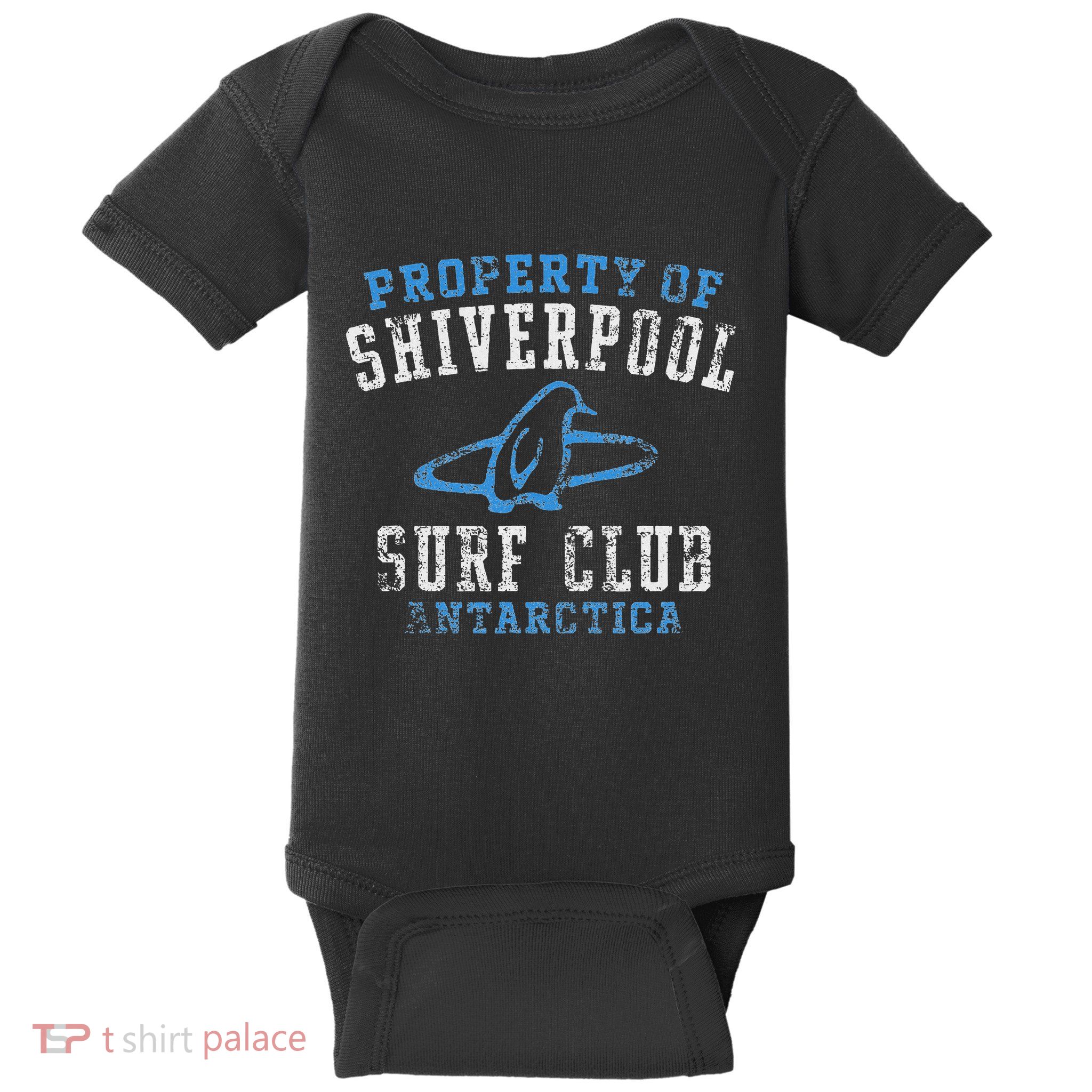 Property Of Shiverpool Surf Club Antarctica Distressed Baby Bodysuit