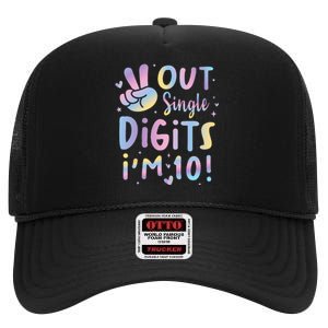 Peace Out Single Digits Im 10 Year Old 10th Birthday Girl High Crown Mesh Back Trucker Hat