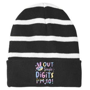 Peace Out Single Digits Im 10 Year Old 10th Birthday Girl Striped Beanie with Solid Band