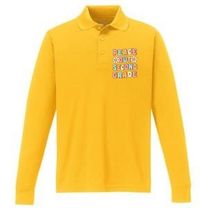 Peace Out Second Grade Cute Groovy Last Day Of 2nd Grade Performance Long Sleeve Polo