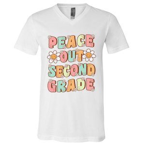 Peace Out Second Grade Cute Groovy Last Day Of 2nd Grade V-Neck T-Shirt