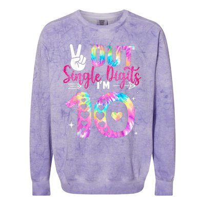 Peace Out Single Digits Im 10 Digits Tie Dye Birthday Girls Colorblast Crewneck Sweatshirt