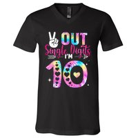 Peace Out Single Digits Im 10 Digits Tie Dye Birthday Girls V-Neck T-Shirt