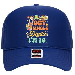 Peace Out Single Digits I'm 10 Retro Sunflower Groovy High Crown Mesh Back Trucker Hat