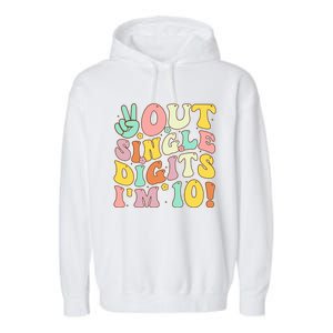 Peace Out Single Digits Retro Groovy 10th Birthday Garment-Dyed Fleece Hoodie