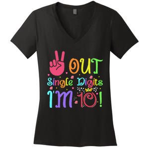 Peace Out Single Digits Im 10 Year Old 10th Birthday Women's V-Neck T-Shirt