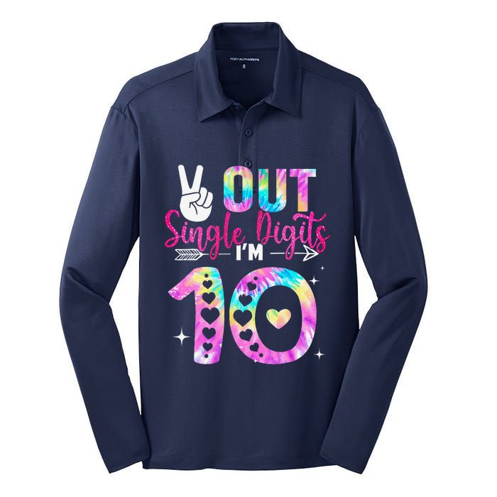 Peace Out Single Digits IM 10 Digits Tie Dye Birthday Girl Silk Touch Performance Long Sleeve Polo