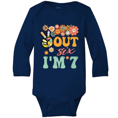 Peace Out Six I'm 7 Groovy 7th Happy Birthday Boy Girl Baby Long Sleeve Bodysuit