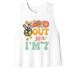 Peace Out Six I'm 7 Groovy 7th Happy Birthday Boy Girl Women's Racerback Cropped Tank