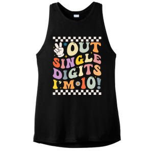 Peace Out Single Digits Retro Groovy 0th Birthday Ladies PosiCharge Tri-Blend Wicking Tank